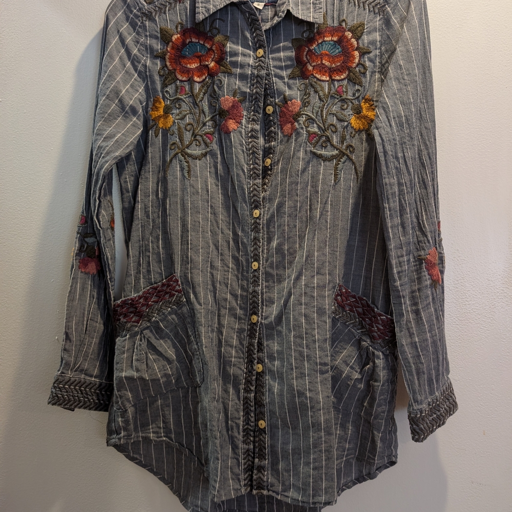 Johnny Was Gray Striped Blouse with Floral Embroidery